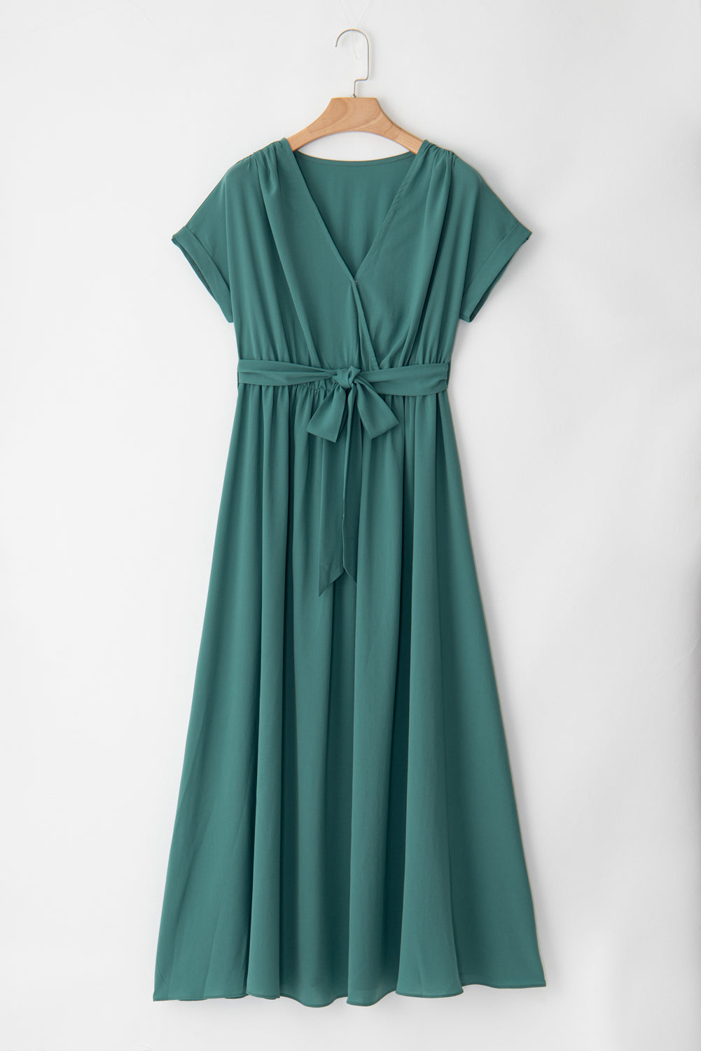 Blue Zone Planet | Blackish Green Solid Color V Neck Wrap Pleated Short Sleeve Maxi Dress-TOPS / DRESSES-[Adult]-[Female]-2022 Online Blue Zone Planet