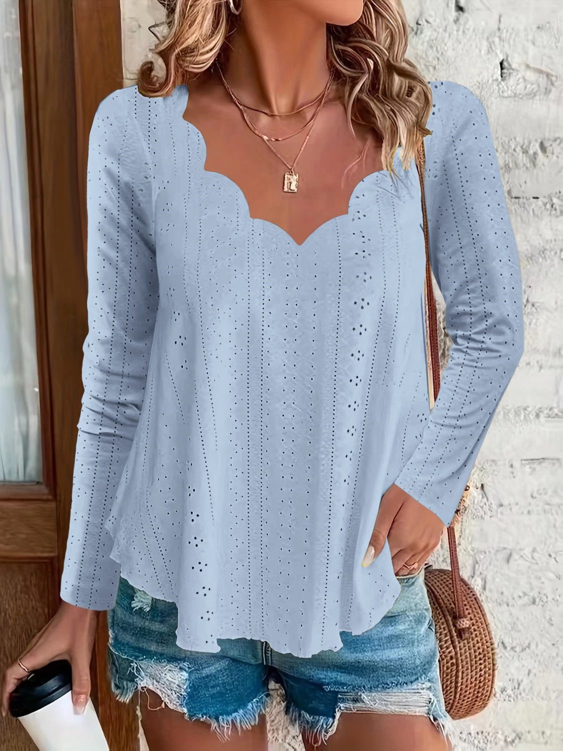 Eyelet Long Sleeve Blouse-TOPS / DRESSES-[Adult]-[Female]-Light Blue-S-2022 Online Blue Zone Planet