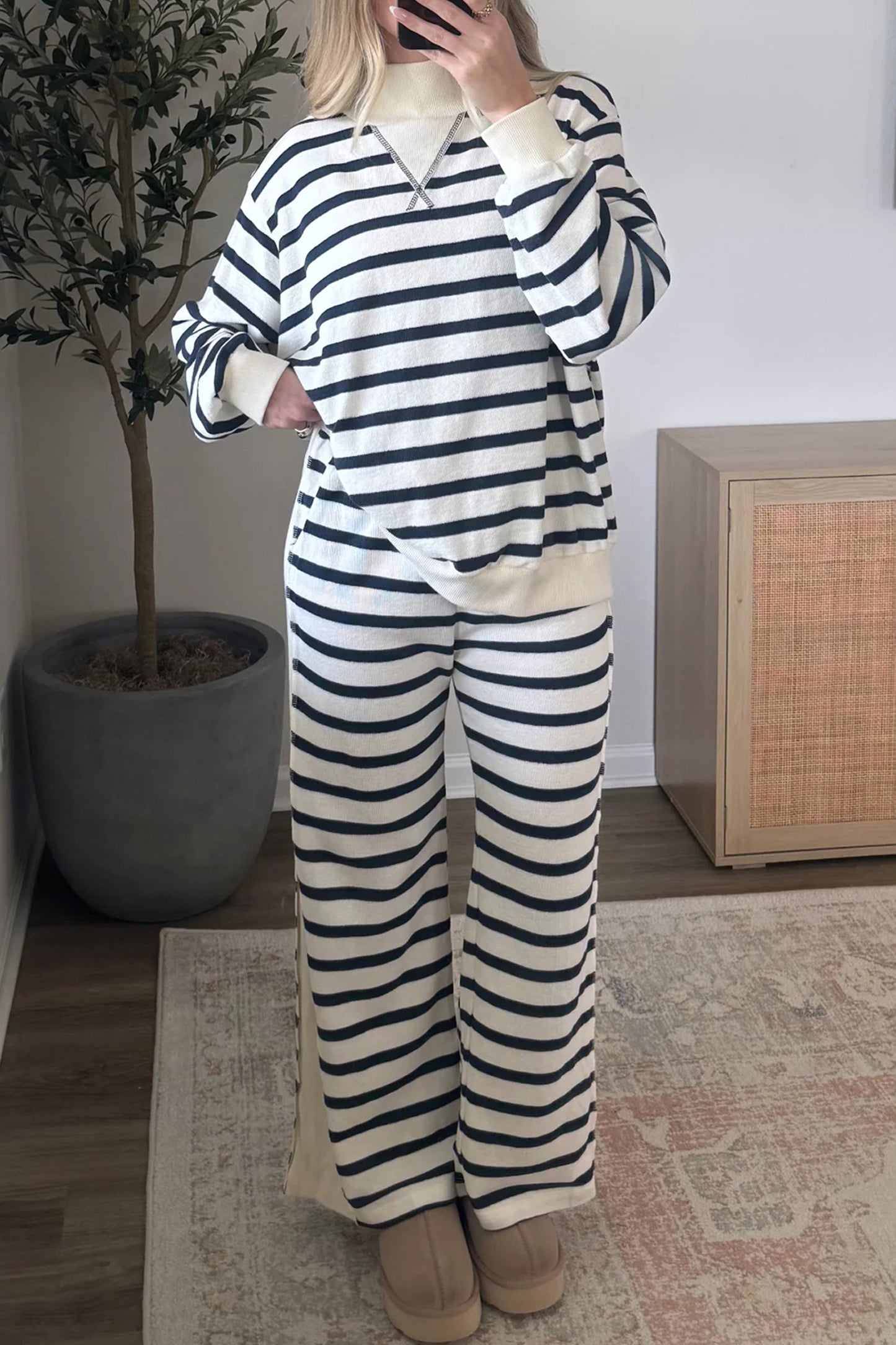 Blue Stripe Striped Ribbed Cuff Collar Pocket Loose Pant Set-Two Piece Sets/Pant Sets-[Adult]-[Female]-2022 Online Blue Zone Planet