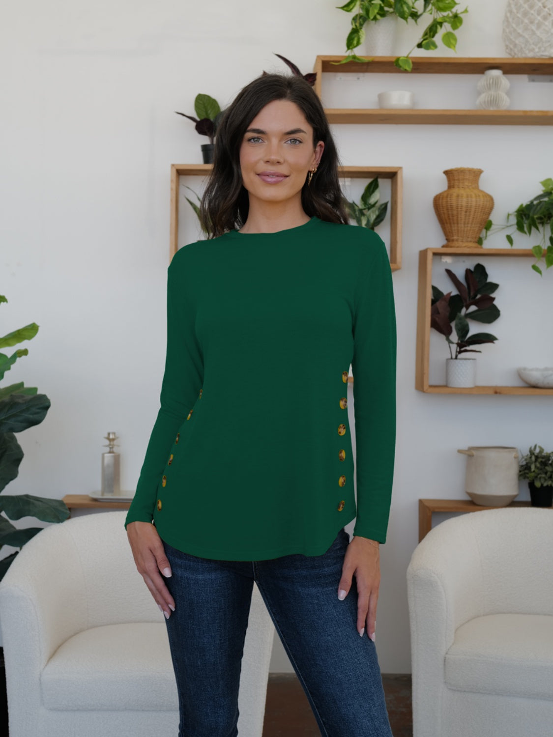 Round Neck Long Sleeve T-Shirt-TOPS / DRESSES-[Adult]-[Female]-Dark Green-S-2022 Online Blue Zone Planet