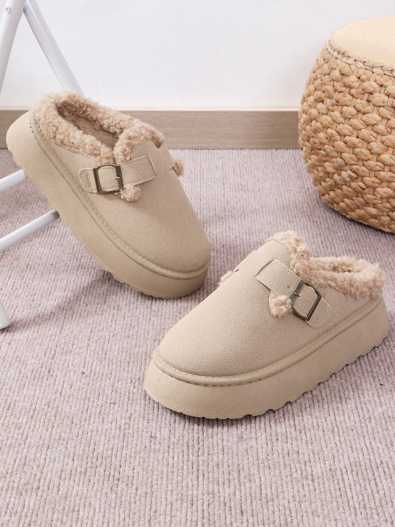 Blue Zone Planet | Thermal Fuzzy Buckle Platform Slippers-SHOES-[Adult]-[Female]-2022 Online Blue Zone Planet