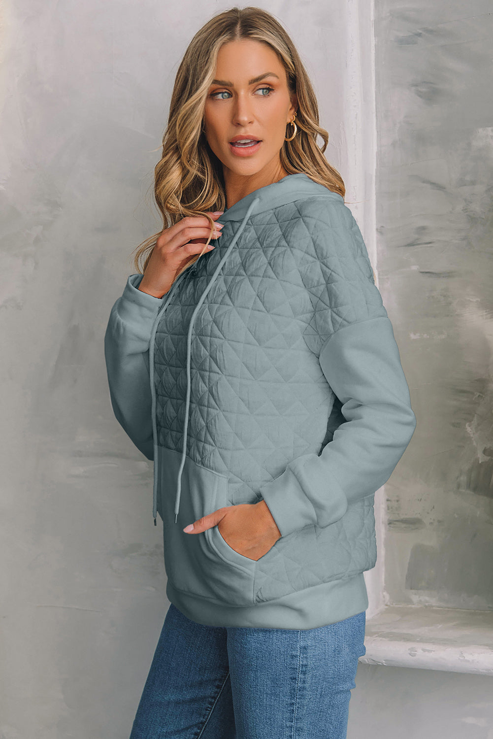 Light Grey Drop Shoulder Quilted Patchwork Kangaroo Pocket Hoodie-Tops/Sweatshirts & Hoodies-[Adult]-[Female]-2022 Online Blue Zone Planet