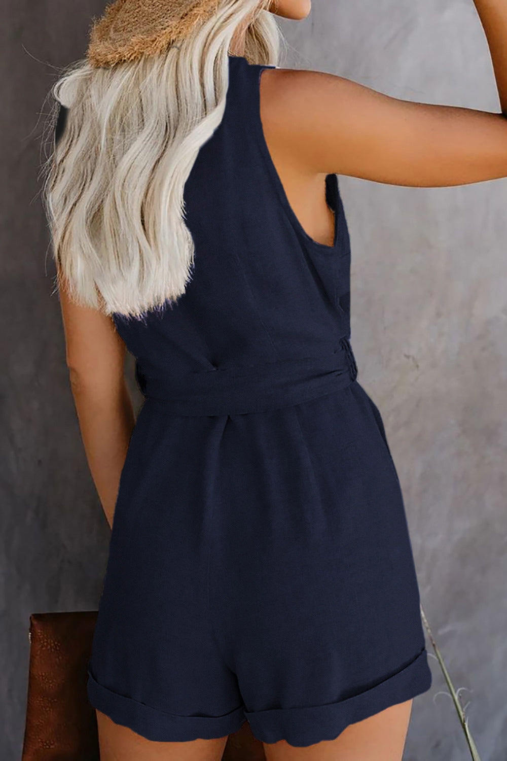 Full Size Tied V-Neck Sleeveless Romper with Pockets-TOPS / DRESSES-[Adult]-[Female]-2022 Online Blue Zone Planet