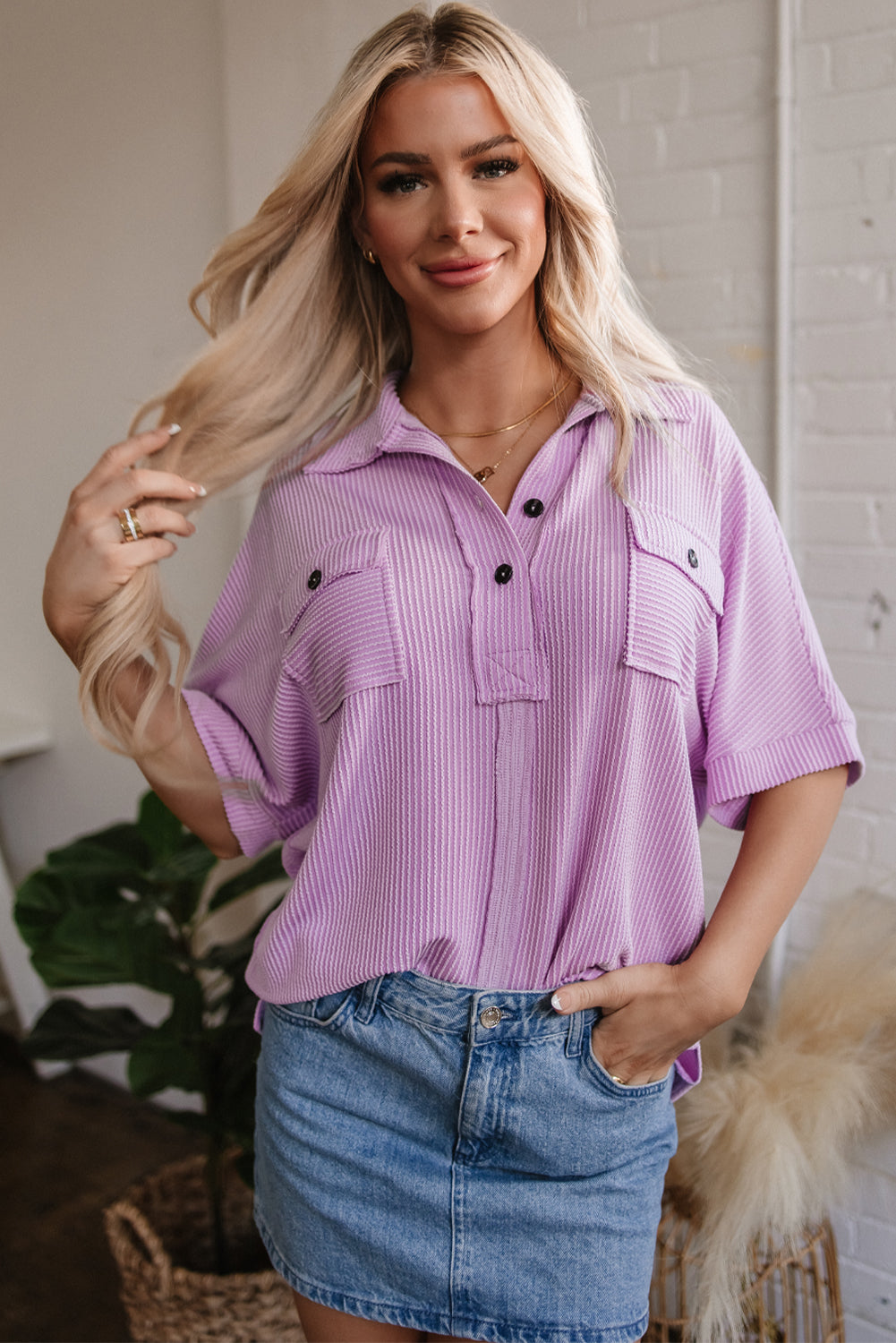 Orchid Bouquet Corded Flap Pocket Collared Buttoned Short Sleeve Blouse-Tops/Blouses & Shirts-[Adult]-[Female]-2022 Online Blue Zone Planet