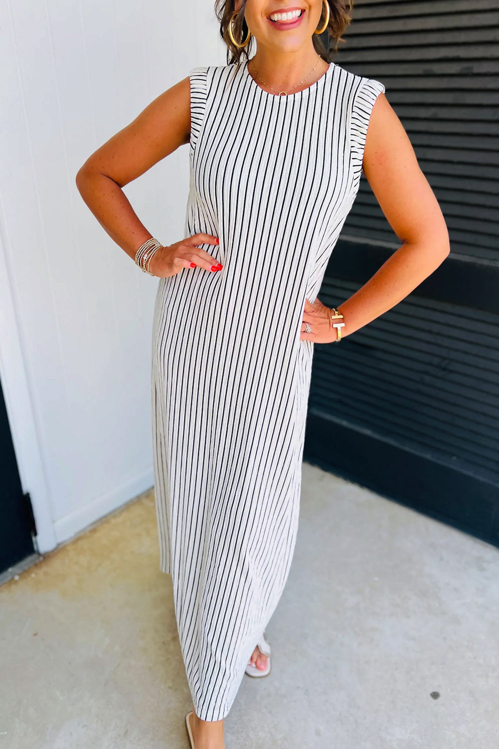 Black White Striped Vest Shift Maxi Dress-TOPS / DRESSES-[Adult]-[Female]-Black White-S-2022 Online Blue Zone Planet