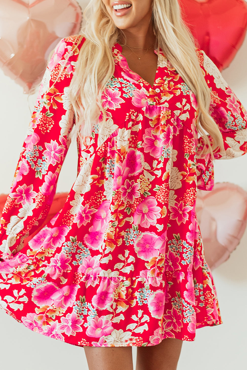 Red Floral Print High Waist V Neck Babydoll Mini Dress-Dresses/Mini Dresses-[Adult]-[Female]-2022 Online Blue Zone Planet