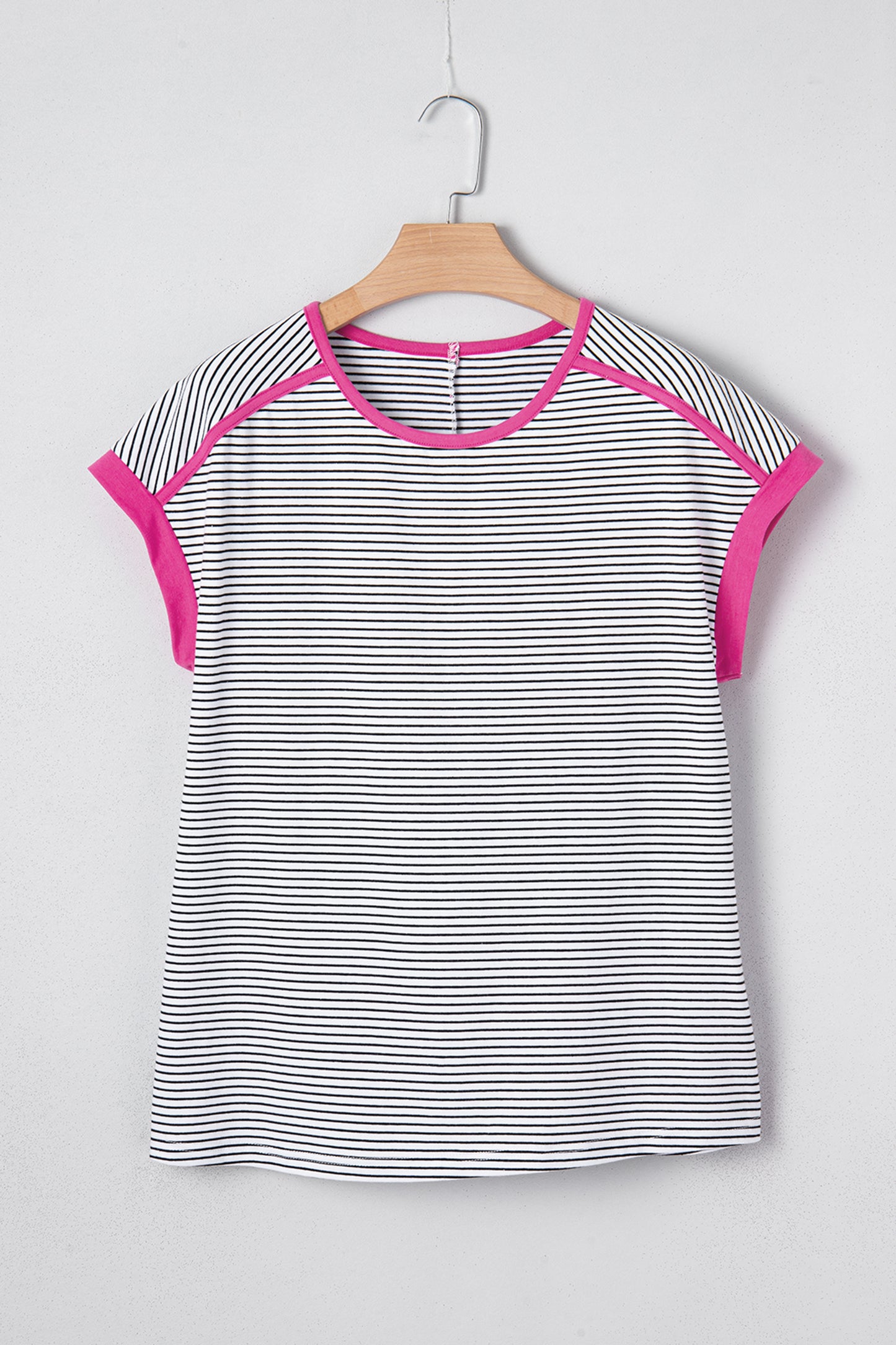 Rose Stripe Contrast Trim Round Neck Summer T Shirt-Tops/Tops & Tees-[Adult]-[Female]-2022 Online Blue Zone Planet