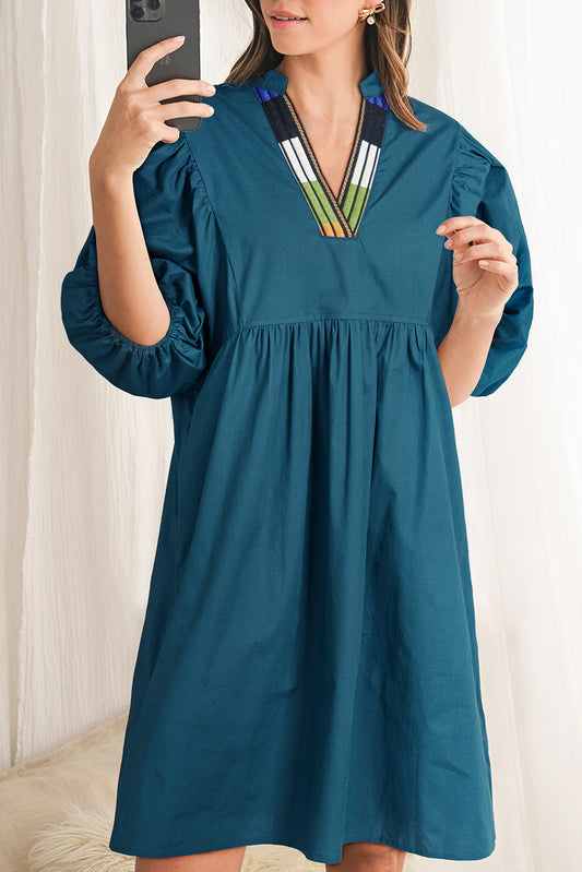 Blue Sapphire Colorblock Split V Neck Puff Sleeve Mini Dress-TOPS / DRESSES-[Adult]-[Female]-Blue Sapphire-S-2022 Online Blue Zone Planet