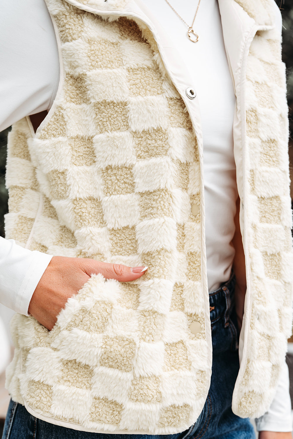 Khaki Sherpa Checkerboard Snap Button Vest Jacket With Pocket-Outerwear/Vests-[Adult]-[Female]-2022 Online Blue Zone Planet