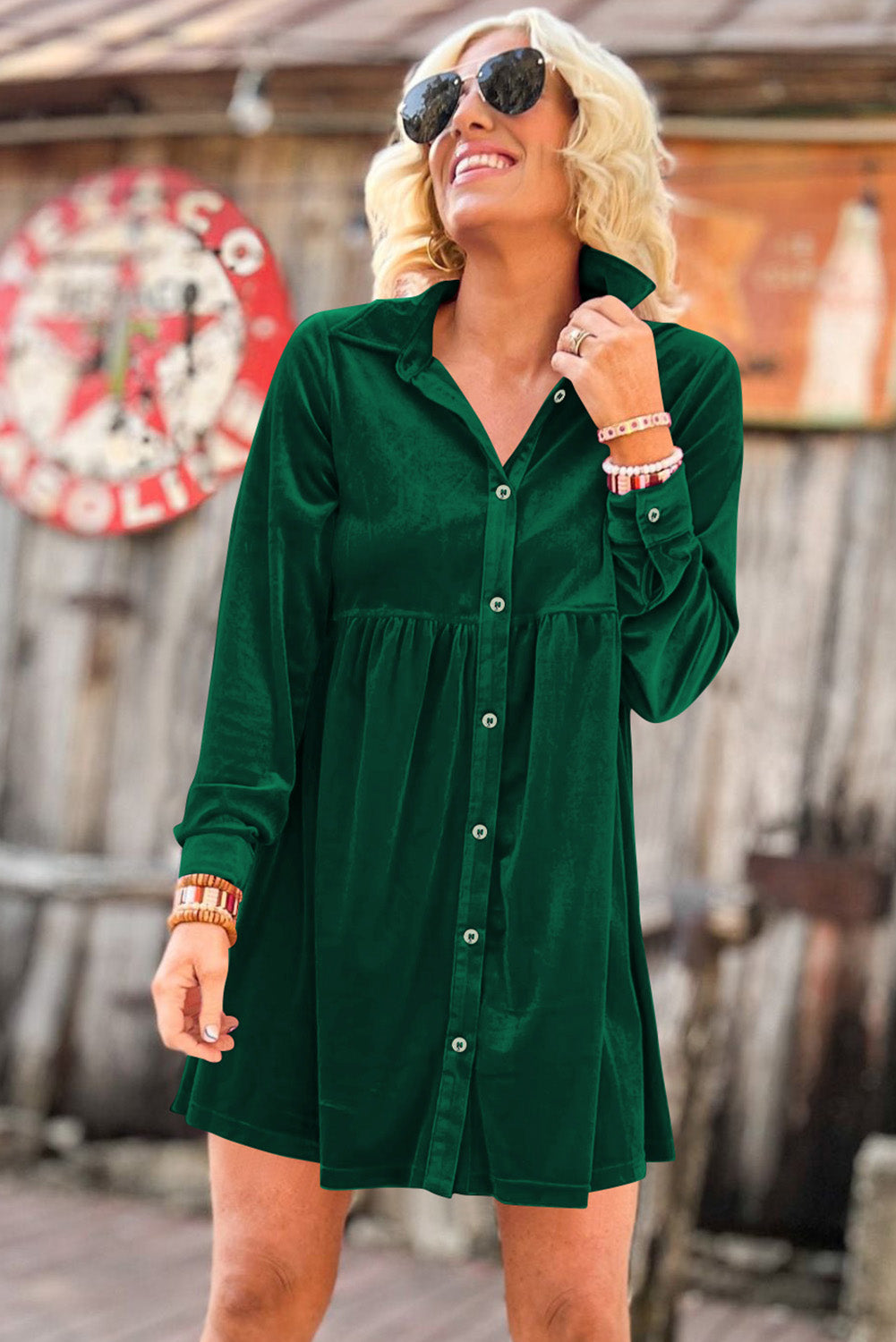 Blue Zone Planet | Green Long Sleeve Ruffle Velvet Button Up Dress-TOPS / DRESSES-[Adult]-[Female]-2022 Online Blue Zone Planet