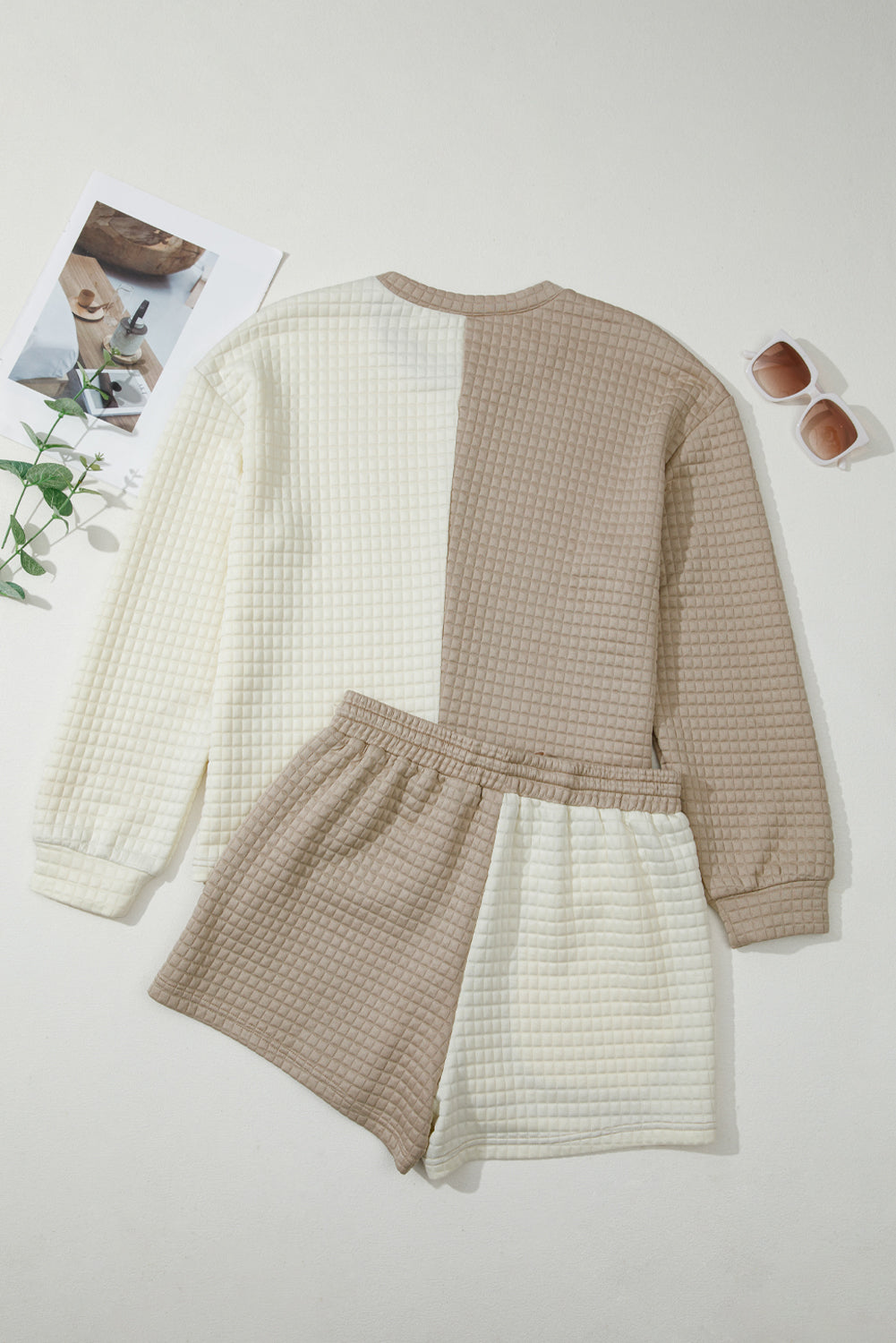 Khaki Color Block Patchwork Textured Long Sleeve Top 2pcs Short Set-Two Piece Sets/Short Sets-[Adult]-[Female]-2022 Online Blue Zone Planet