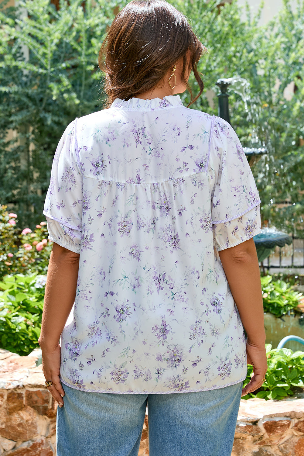 Purple Floral Trimmed Detail Split Neck Plus Size Top-Plus Size/Plus Size Tops/Plus Size Blouses & Shirts-[Adult]-[Female]-2022 Online Blue Zone Planet