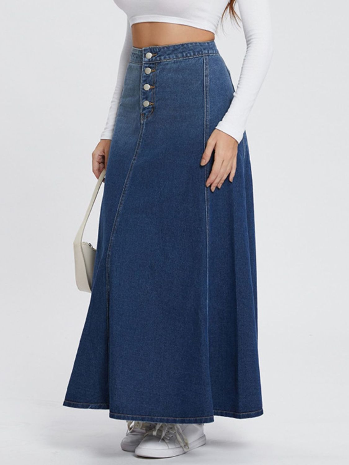 Button-Fly Hight Rise Denim Skirt-BOTTOMS SIZES SMALL MEDIUM LARGE-[Adult]-[Female]-2022 Online Blue Zone Planet