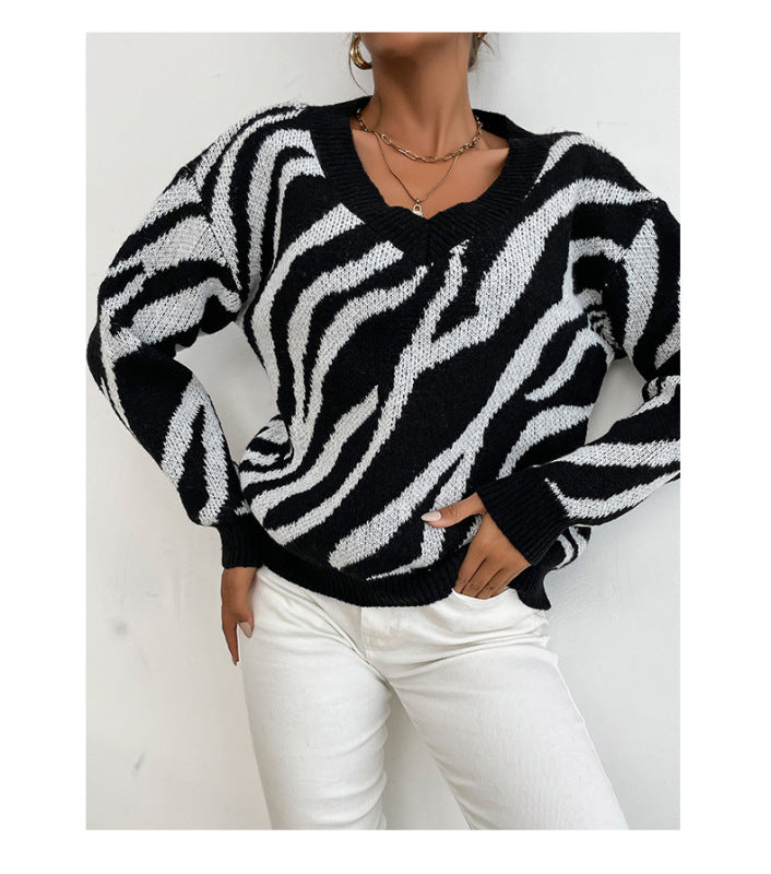 Blue Zone Planet |  Pullover V-Neck Black Zebra Sweater BLUE ZONE PLANET