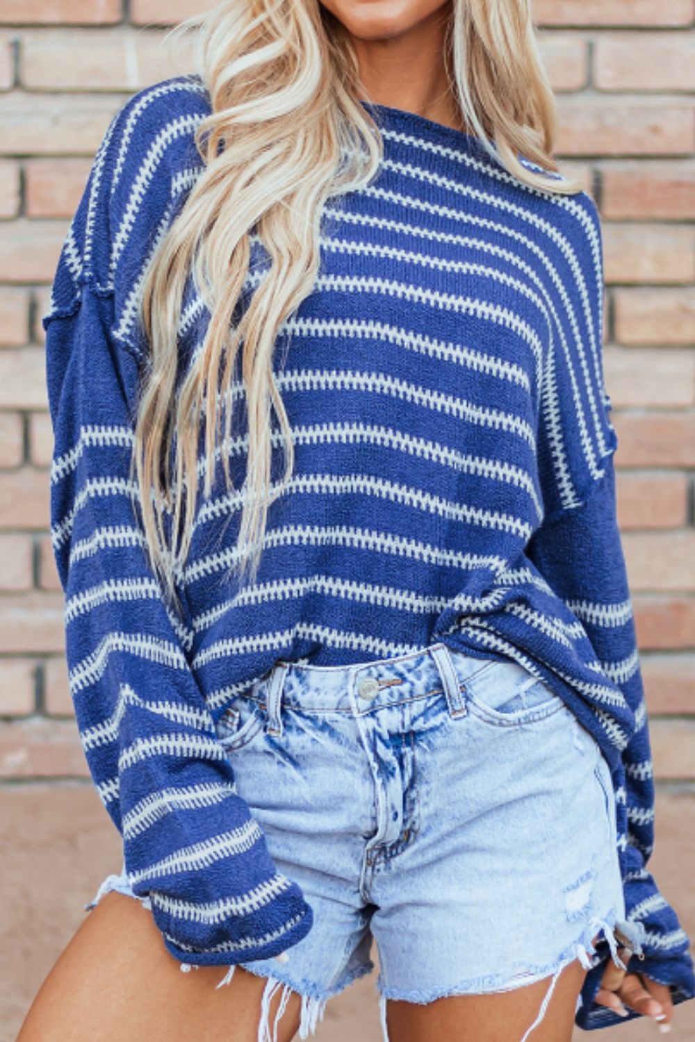 Striped Round Neck Dropped Shoulder Sweater-TOPS / DRESSES-[Adult]-[Female]-Blue-S-2022 Online Blue Zone Planet