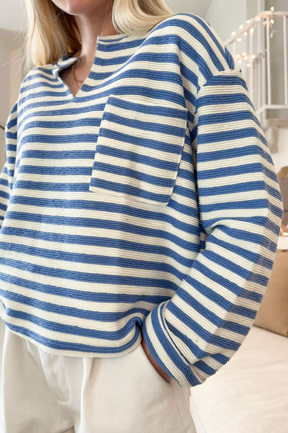 Stripe Chest Pocket Notched Top-TOPS / DRESSES-[Adult]-[Female]-2022 Online Blue Zone Planet