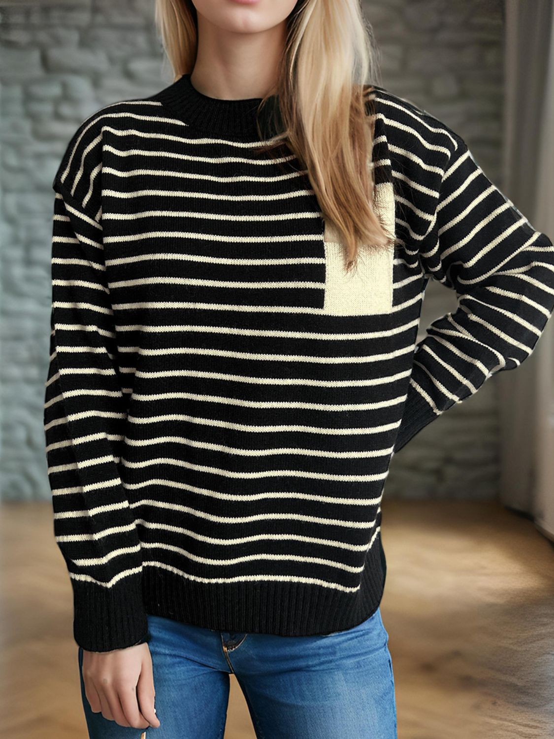 Blue Zone Planet | Striped Mock Neck Long Sleeve Sweater-TOPS / DRESSES-[Adult]-[Female]-Black-One Size-2022 Online Blue Zone Planet