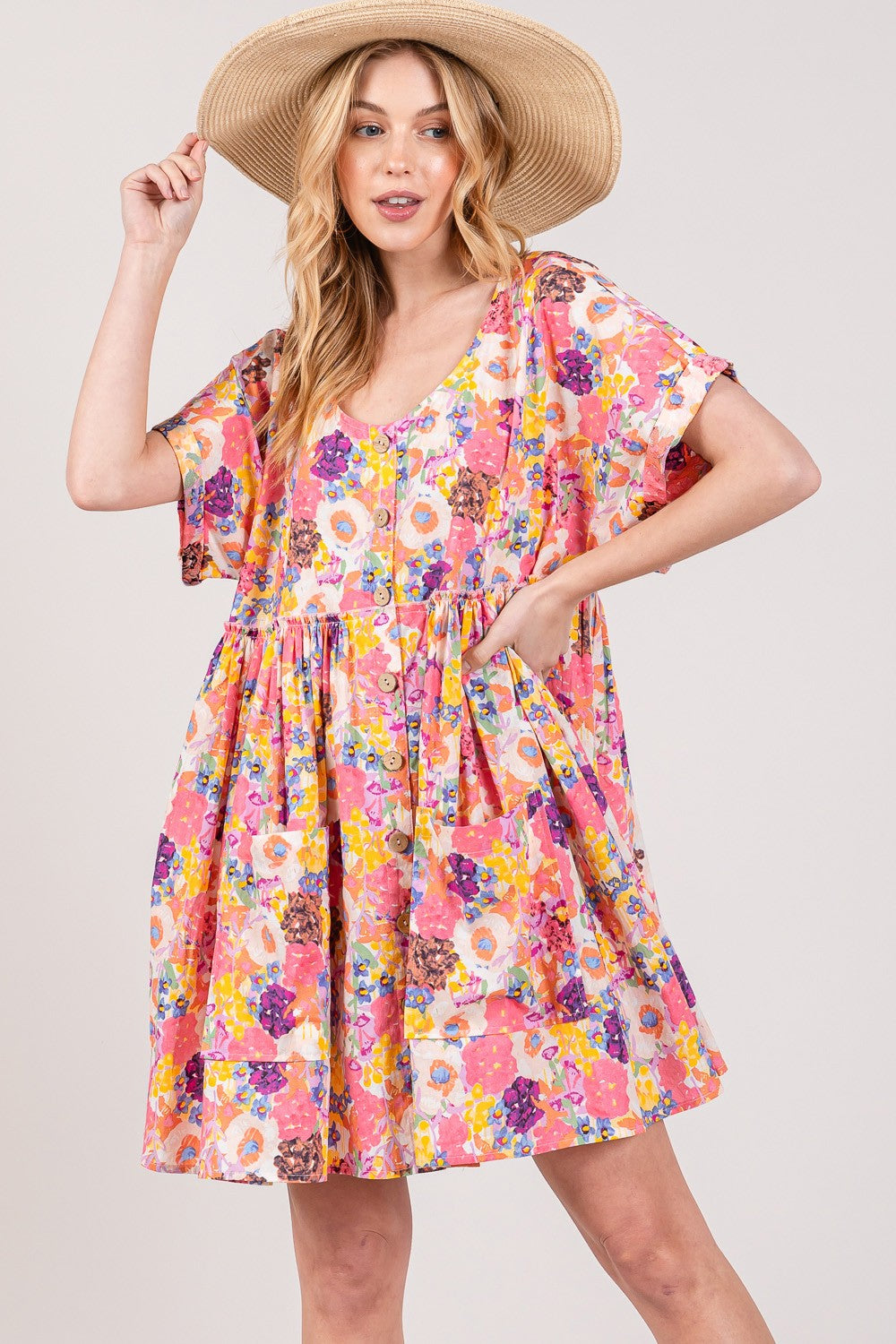 SAGE + FIG Floral Short Sleeve Babydoll Dress with Pockets-TOPS / DRESSES-[Adult]-[Female]-2022 Online Blue Zone Planet