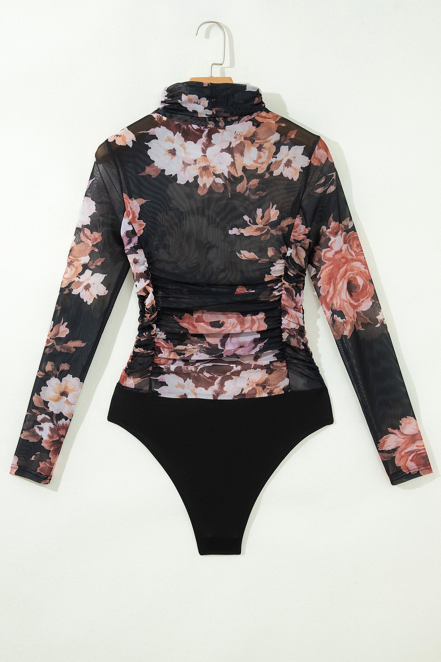 Brown Floral Mesh Long Sleeve High Neck Bodysuit-Tops/Bodysuits-[Adult]-[Female]-2022 Online Blue Zone Planet