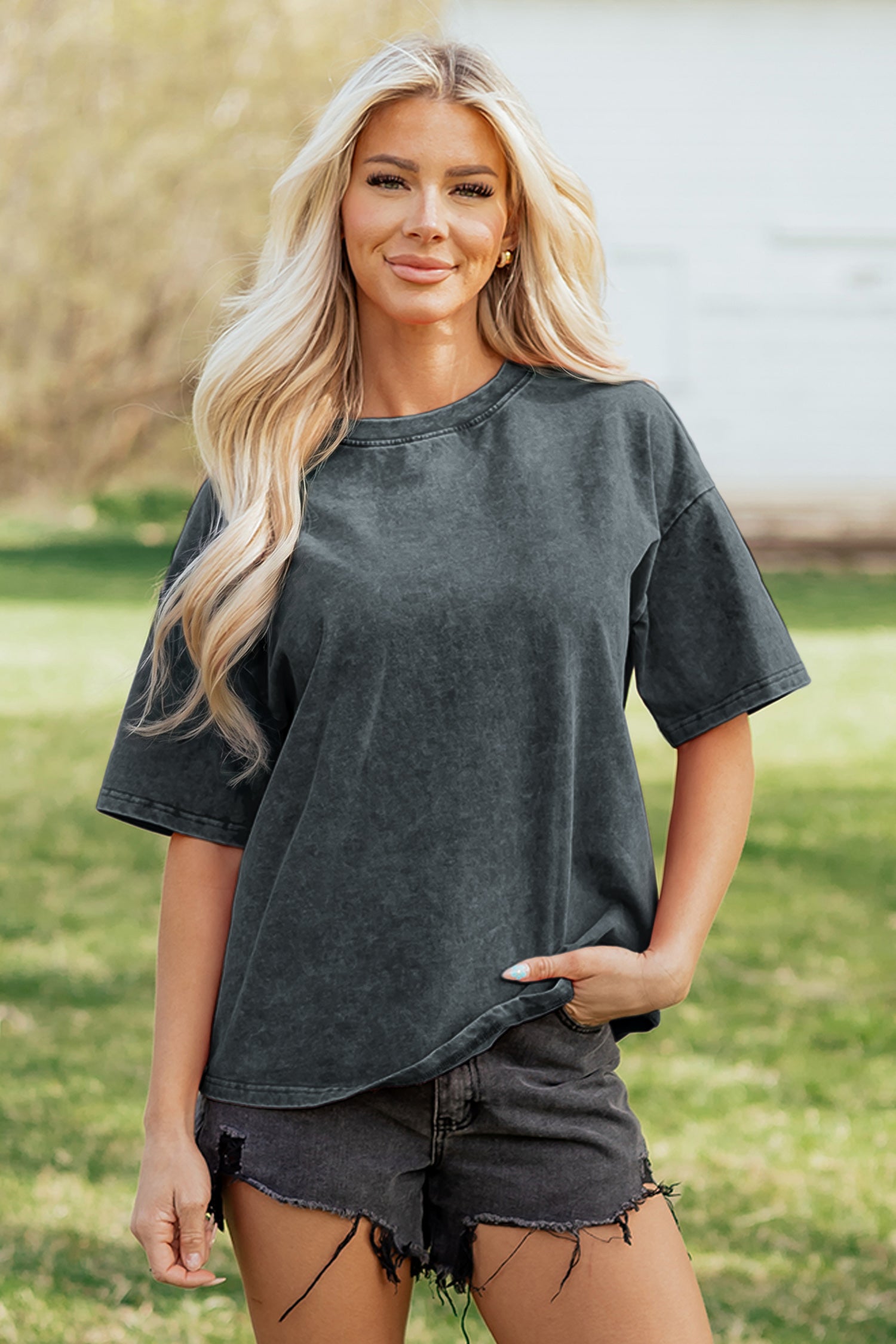 Mint Green Solid Color Cotton Mineral Washed Oversize Tee-Tops/Tops & Tees-[Adult]-[Female]-2022 Online Blue Zone Planet
