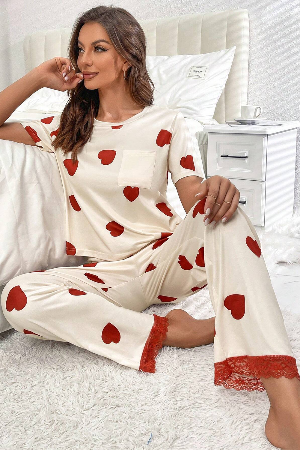 White Valentines Heart Print Lace Hem Tee Pants Pajama Set-Sale (50% OFF)/30% OFF-[Adult]-[Female]-2022 Online Blue Zone Planet