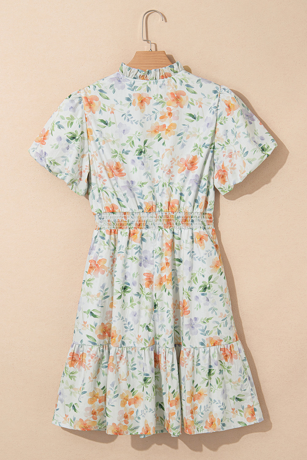Beige Floral Print Shirred High Waist Puff Sleeve Mini Dress-TOPS / DRESSES-[Adult]-[Female]-2022 Online Blue Zone Planet