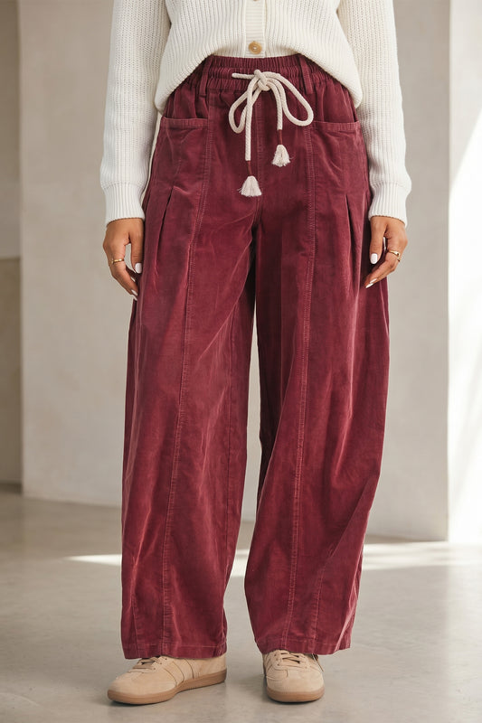 Racing Red Elastic Waist Drawstring Corduroy Casual Pants-Bottoms/Pants & Culotte-[Adult]-[Female]-Racing Red-S-2022 Online Blue Zone Planet