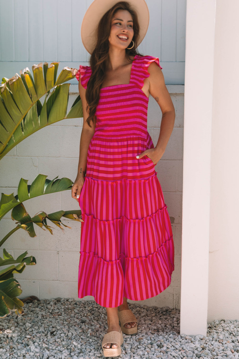 Rose Stripe Flutter Sleeve Smocked Bodice Tiered Maxi Dress-TOPS / DRESSES-[Adult]-[Female]-2022 Online Blue Zone Planet