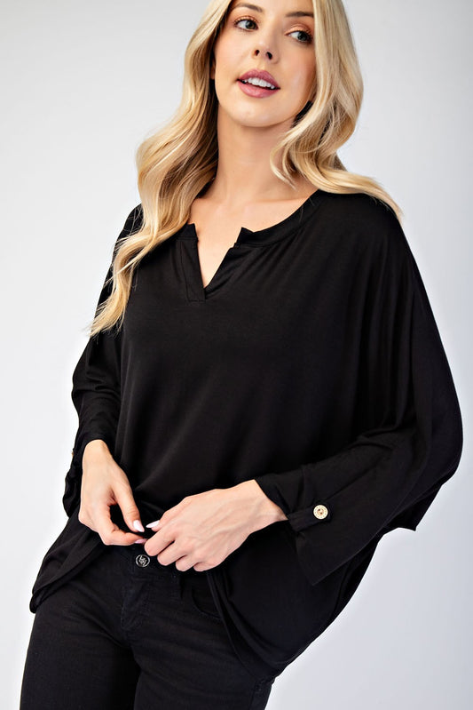 Blue Zone Planet | Celeste Full Size Notched Three-Quarter Sleeve Blouse-TOPS / DRESSES-[Adult]-[Female]-Black-S-2022 Online Blue Zone Planet