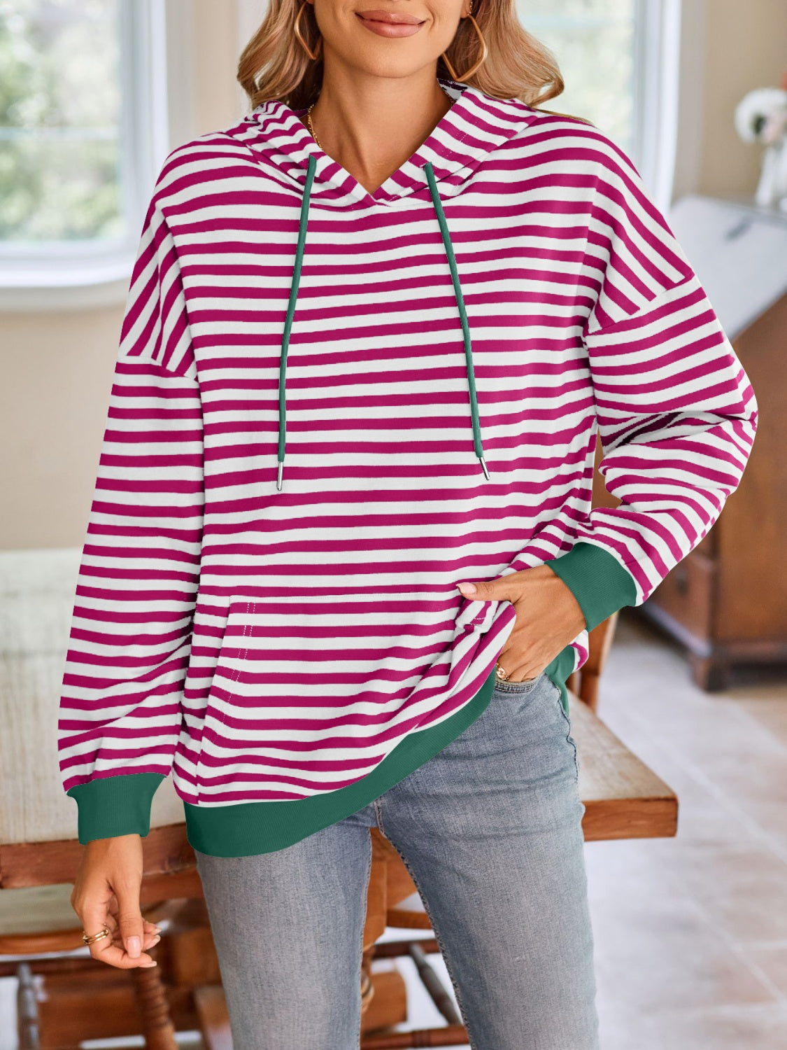 Lovelet Drawstring Striped Long Sleeve Hoodie-HOODIES-[Adult]-[Female]-2022 Online Blue Zone Planet