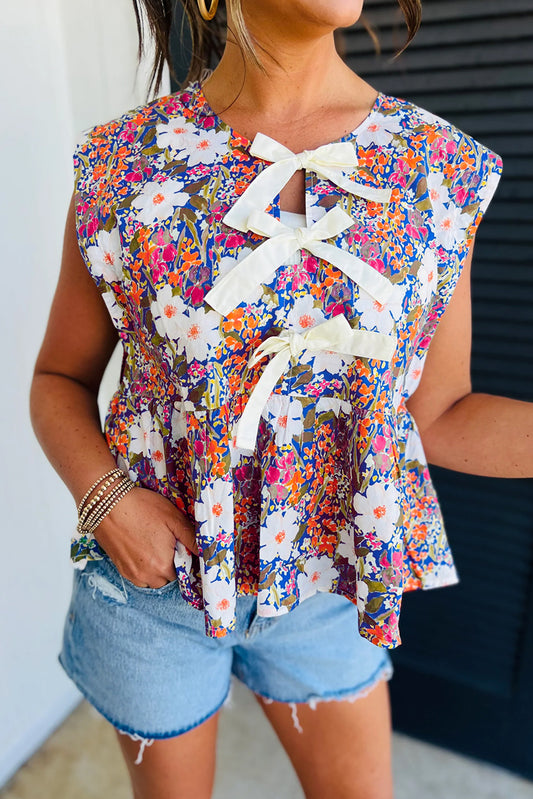 Rose Green Floral Print Bow Applique Slit Sleeveless Peplum Blouse-Tops/Blouses & Shirts-[Adult]-[Female]-Rose-S-2022 Online Blue Zone Planet