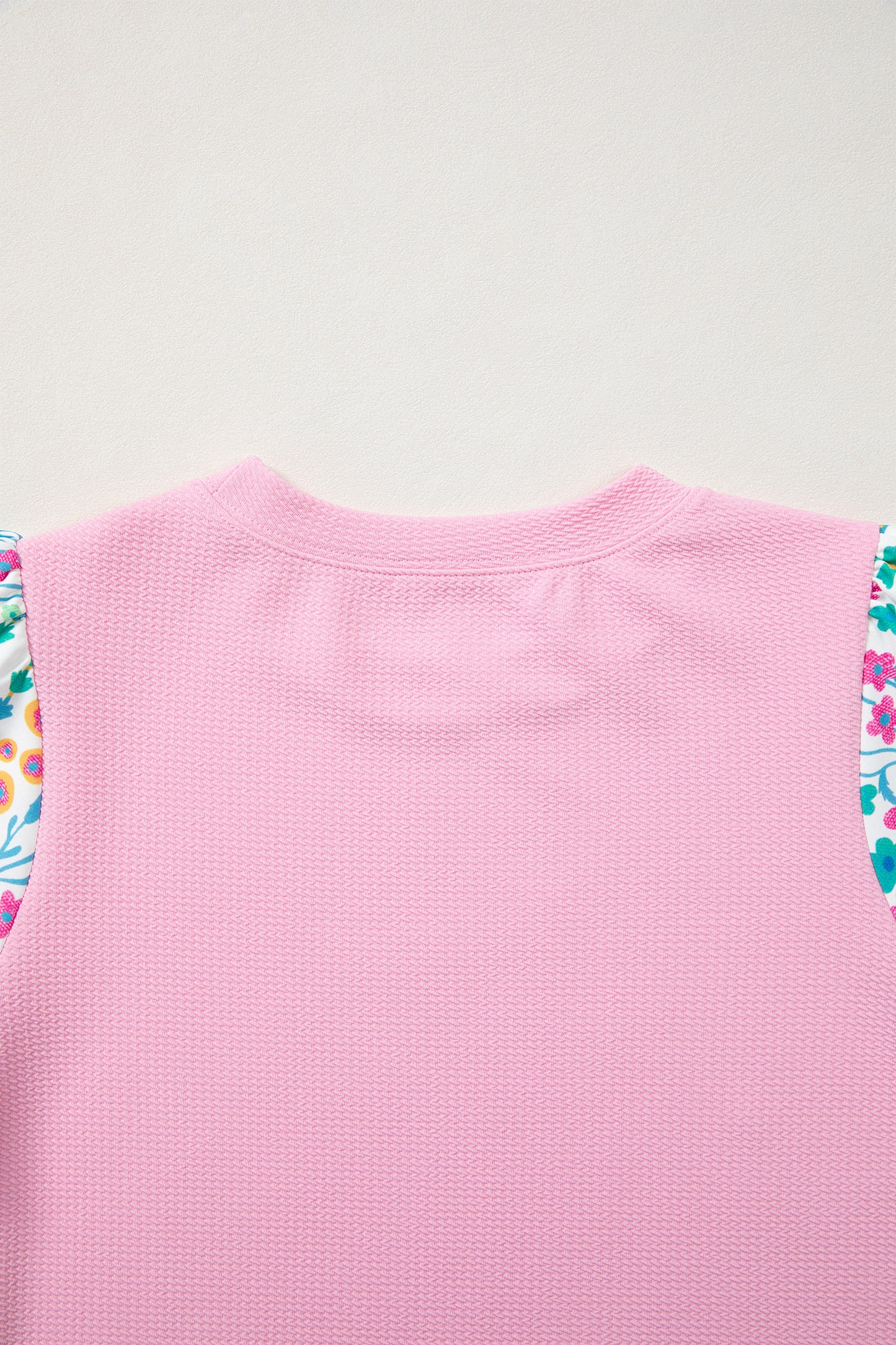 Pink Round Neck Textured Contrast Floral Bubble Sleeve Blouse-Tops/Blouses & Shirts-[Adult]-[Female]-2022 Online Blue Zone Planet