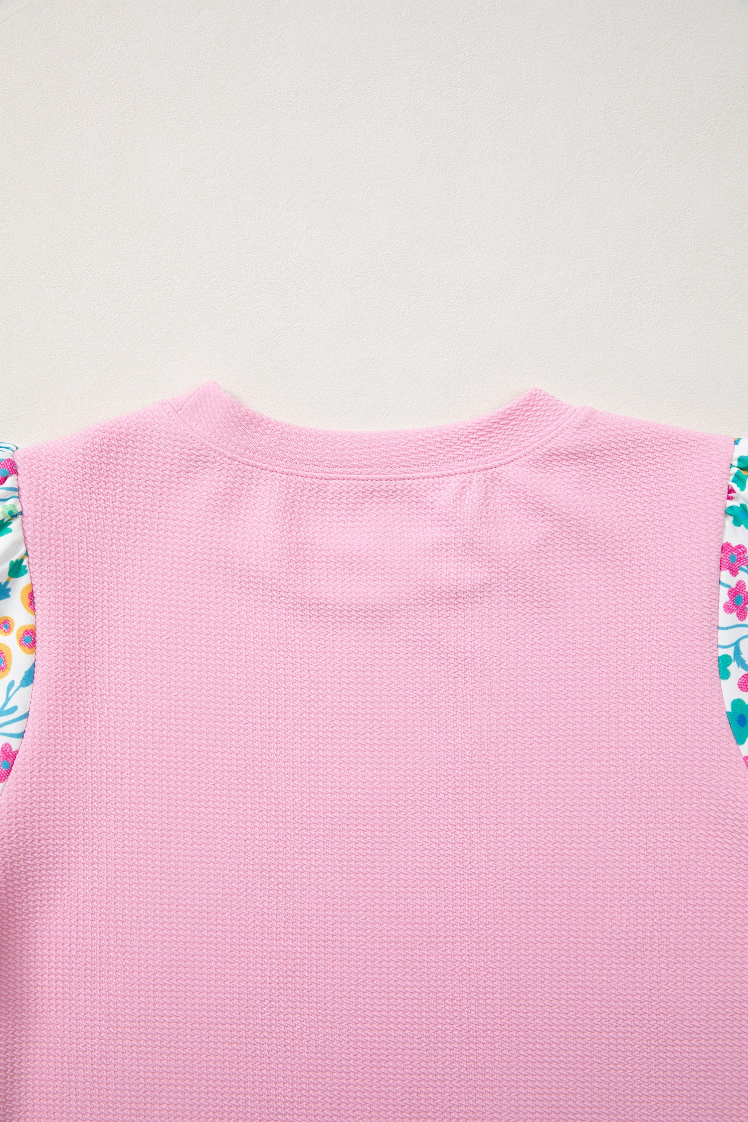Pink Round Neck Textured Contrast Floral Bubble Sleeve Blouse-Tops/Blouses & Shirts-[Adult]-[Female]-2022 Online Blue Zone Planet