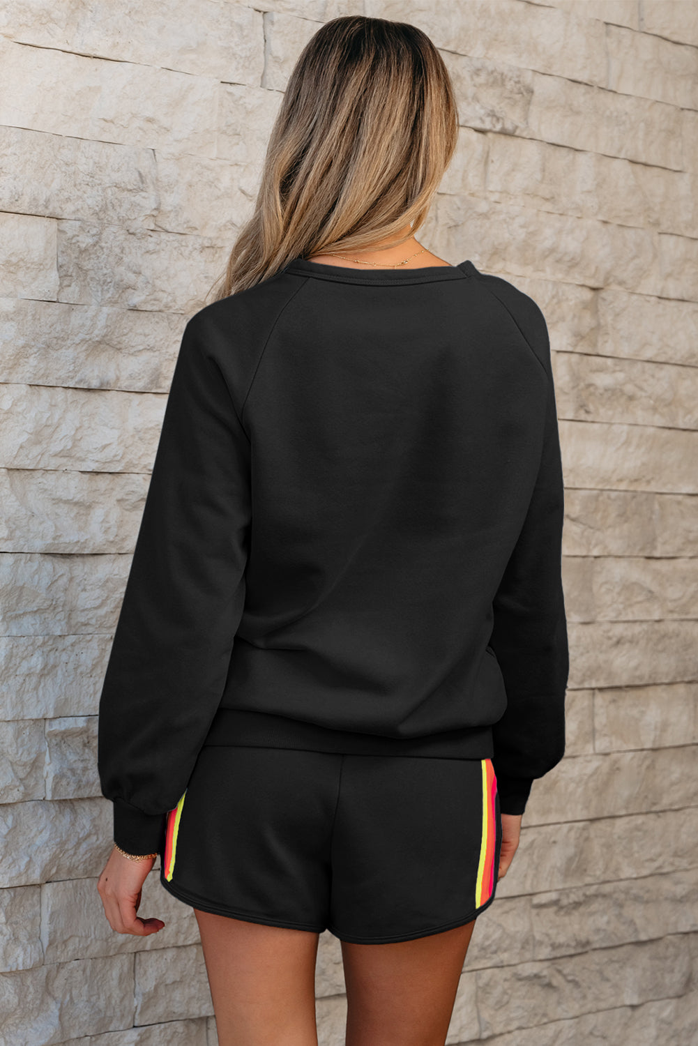 Apricot Striped Accent Pullover and Shorts Two Piece Casual Set