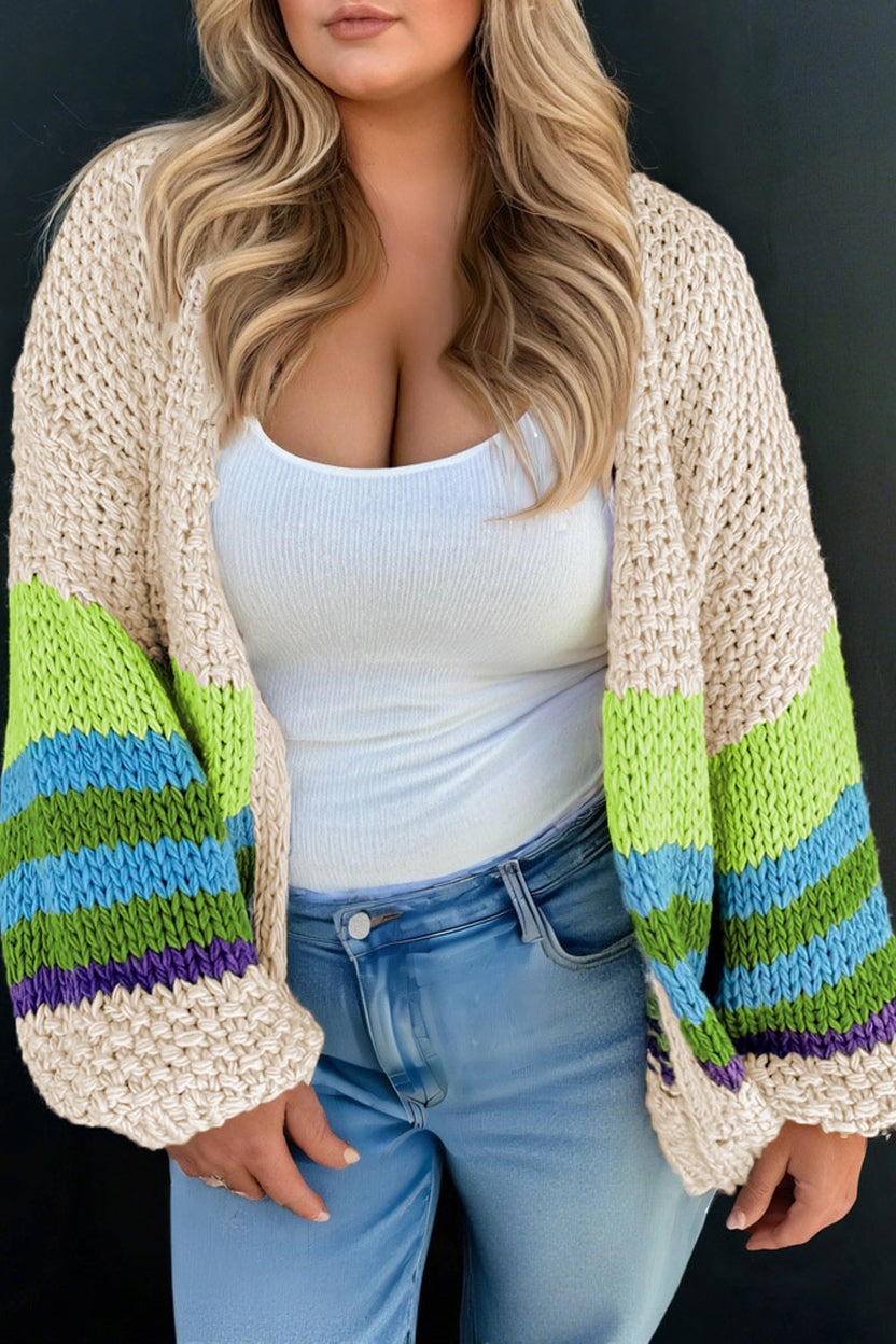 Parchment Color Block Crochet Open Front Plus Size Cardigan-Plus Size/Plus Size Sweaters & Cardigans-[Adult]-[Female]-Parchment-1X-2022 Online Blue Zone Planet