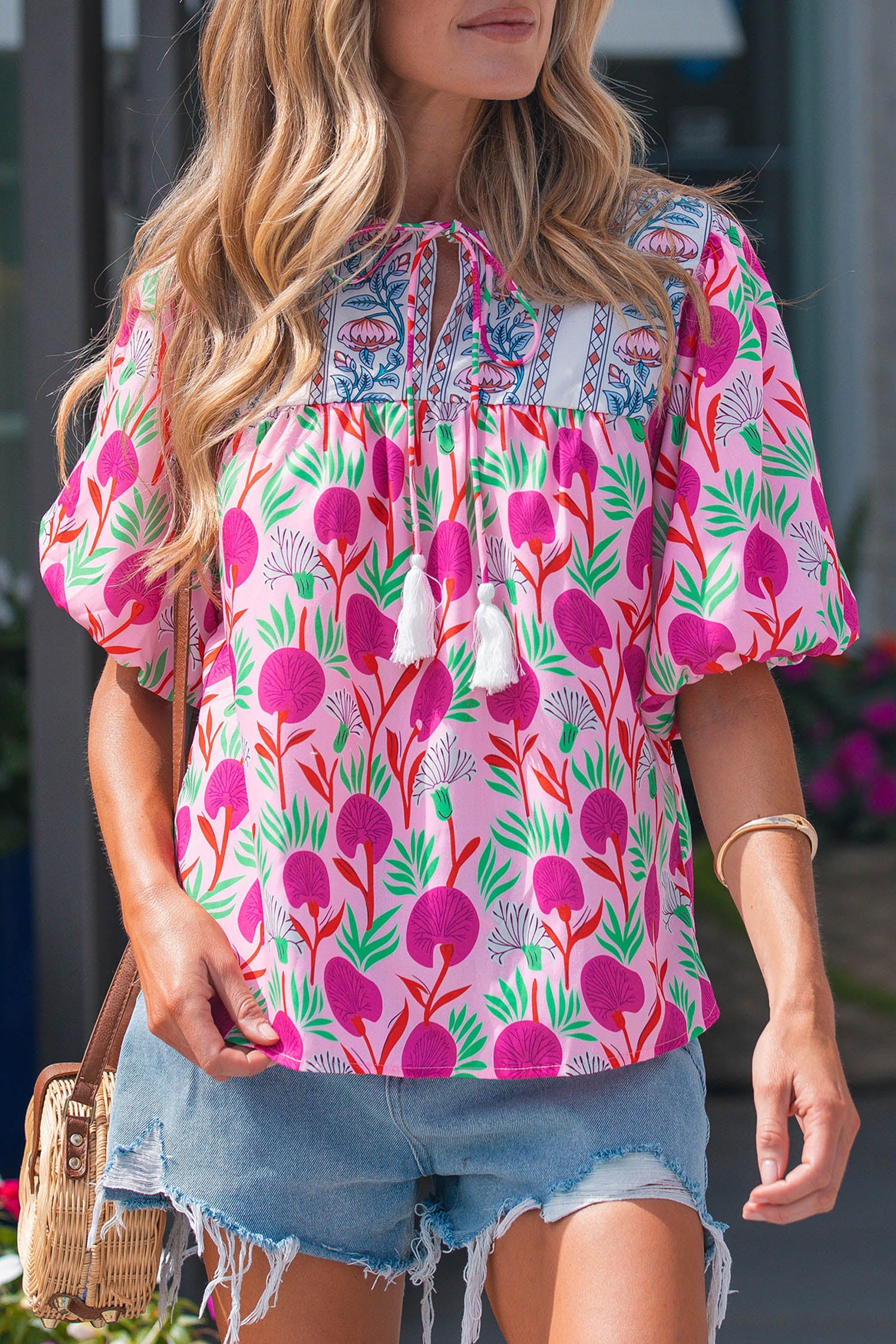 Pink Floral Print Short Sleeve Contrast Patchwork Tassel Tie Blouse-Tops/Blouses & Shirts-[Adult]-[Female]-2022 Online Blue Zone Planet