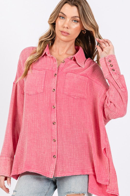 SAGE + FIG Frayed Hem Side Slit Button Down Shirt