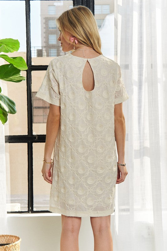 ADORA Applique Round Neck Short Sleeve Shift Dress-TOPS / DRESSES-[Adult]-[Female]-2022 Online Blue Zone Planet