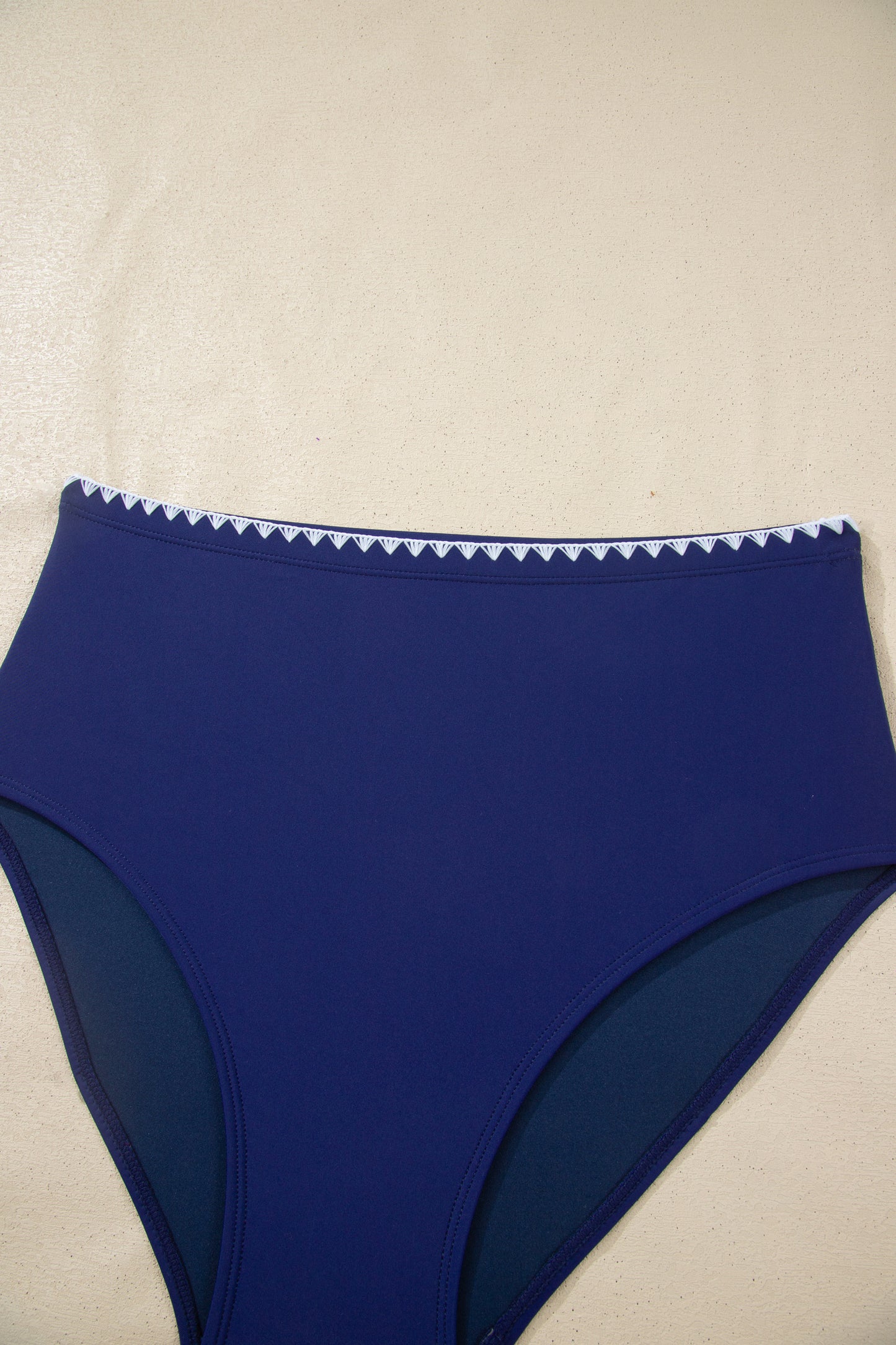 Dark Blue Shell Stitched Trim V Neck Textured Mix and Match High Waist Bikinis-Swimwear/Bikinis-[Adult]-[Female]-2022 Online Blue Zone Planet