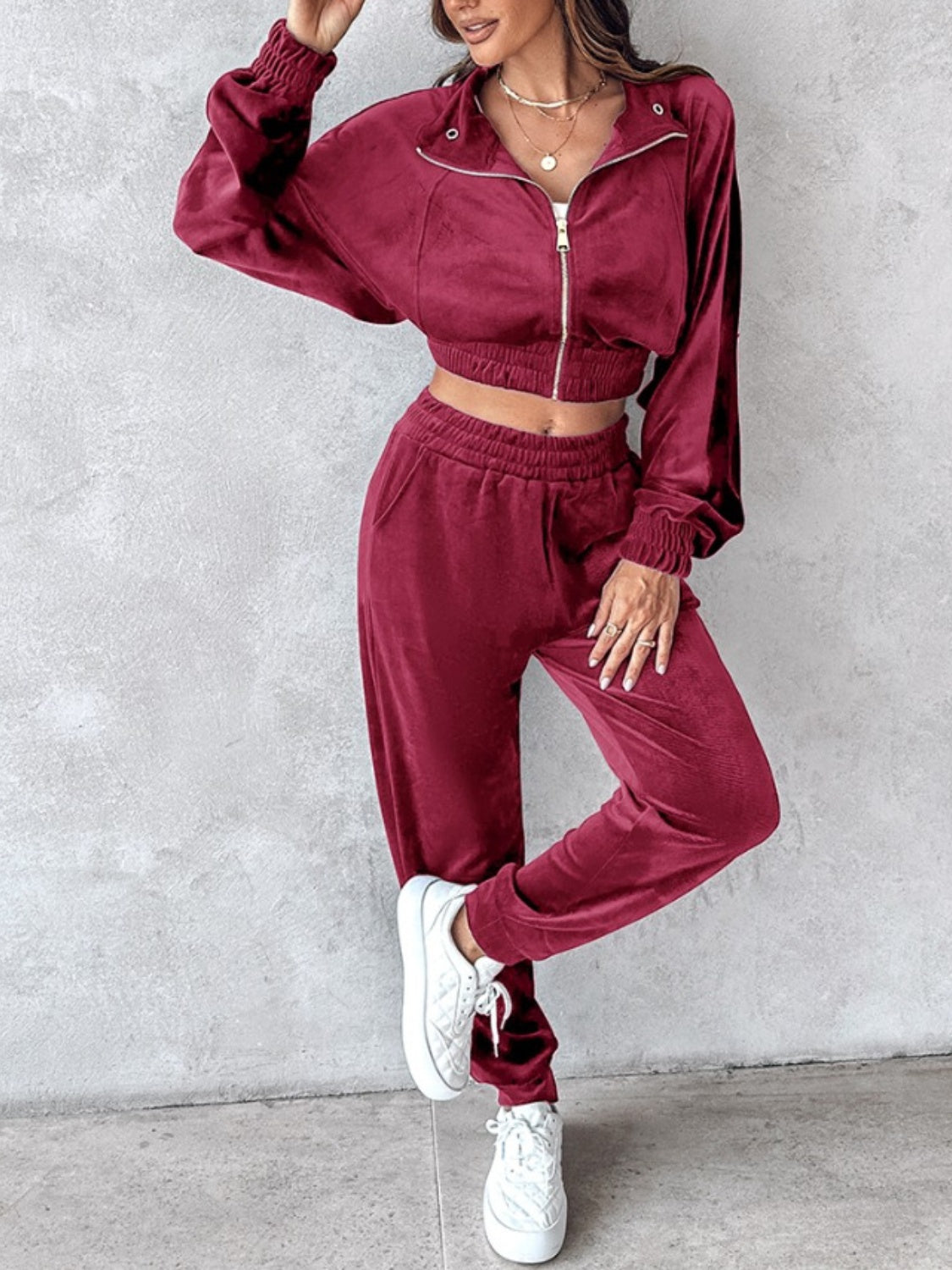 Zip Up Long Sleeve Cropped Top and Joggers Set-BOTTOMS SIZES SMALL MEDIUM LARGE-[Adult]-[Female]-2022 Online Blue Zone Planet