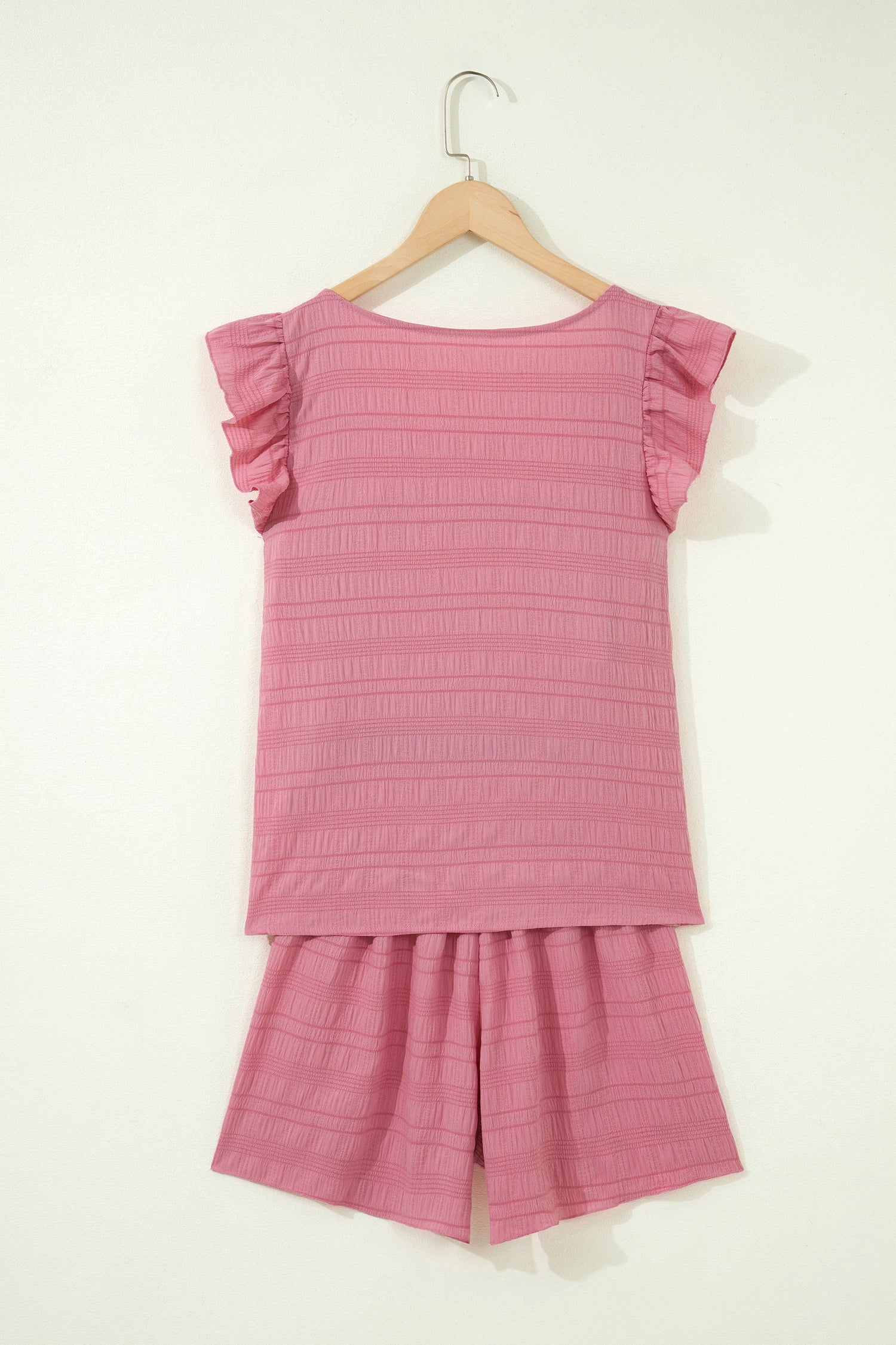 Peach Blossom Textured Square Neck Top And Shirred High Waist Shorts Set-Two Piece Sets/Short Sets-[Adult]-[Female]-2022 Online Blue Zone Planet