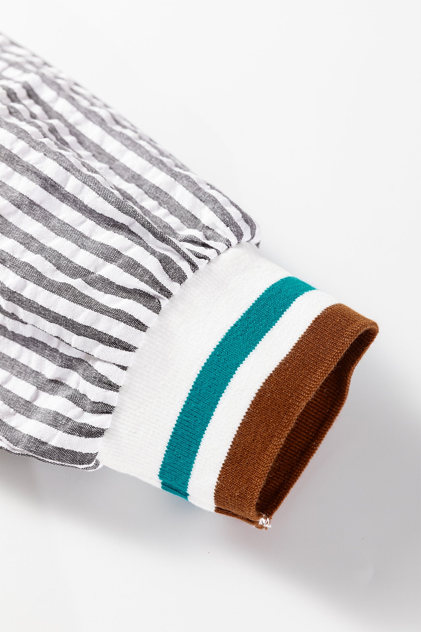 Dark Grey Striped Print Contrast Patchwork Detail Split Neck Blouse-Tops/Blouses & Shirts-[Adult]-[Female]-2022 Online Blue Zone Planet