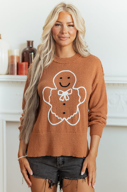 Brown Oversized Drop Shoulder Round Neck Christmas Sweater-Sweaters & Cardigans/Sweaters-[Adult]-[Female]-Brown-S-2022 Online Blue Zone Planet