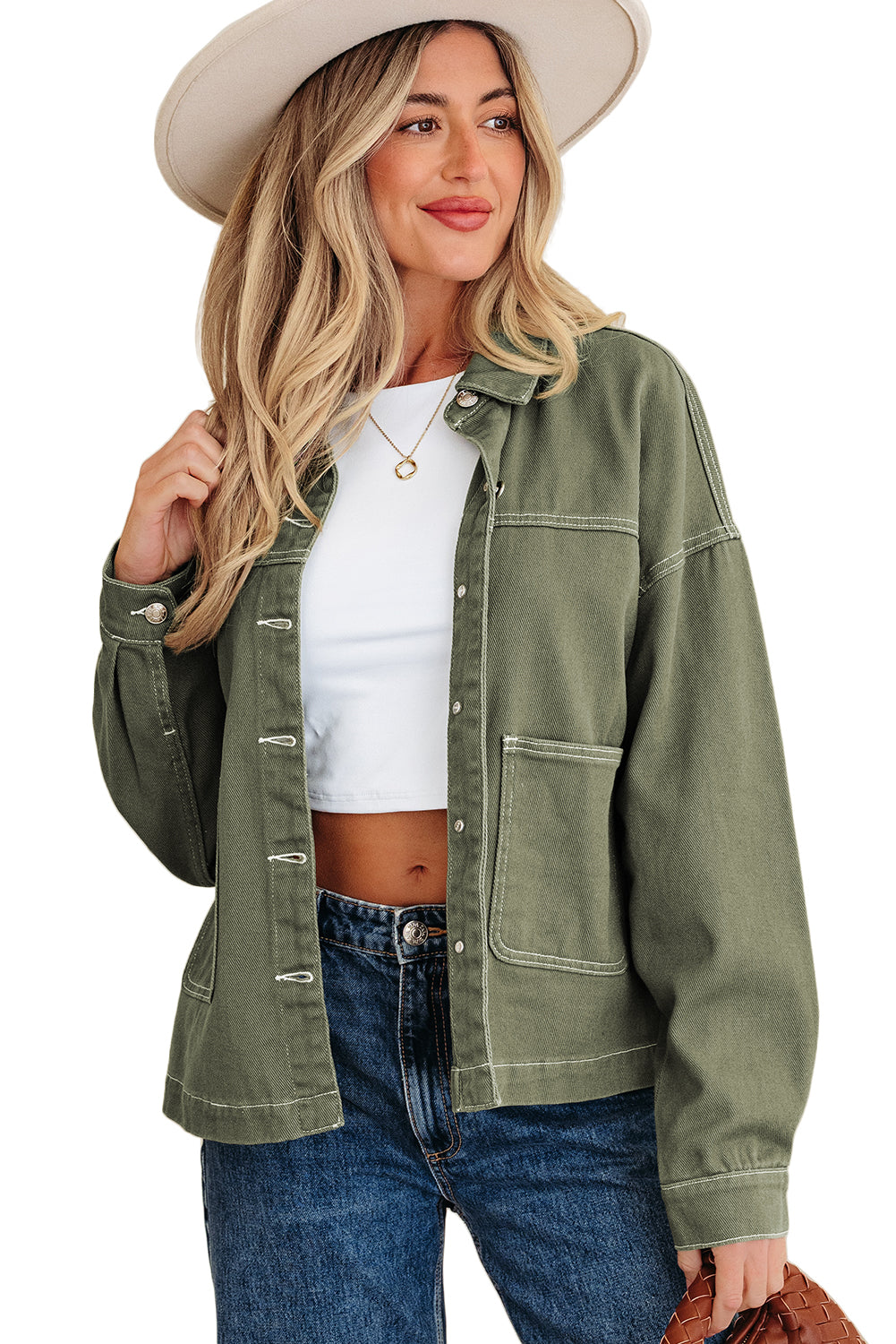 Smoke Green Patched Pocket Collared Button Front Boyfriend Denim Jacket-Outerwear/Denim jackets-[Adult]-[Female]-2022 Online Blue Zone Planet
