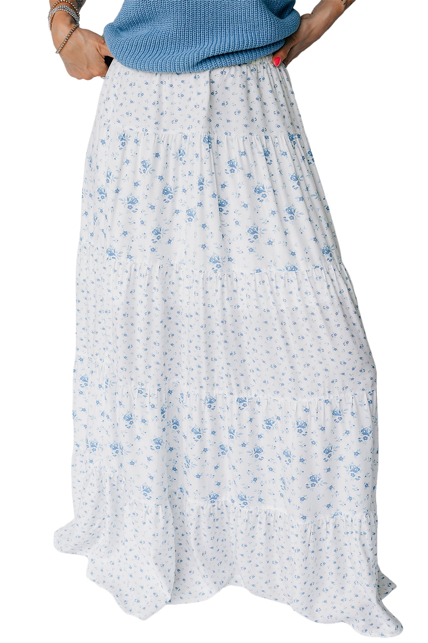 Sky Blue High Waist Tiny Floral Print Boho Maxi Skirt-Bottoms/Skirts & Petticoat-[Adult]-[Female]-2022 Online Blue Zone Planet