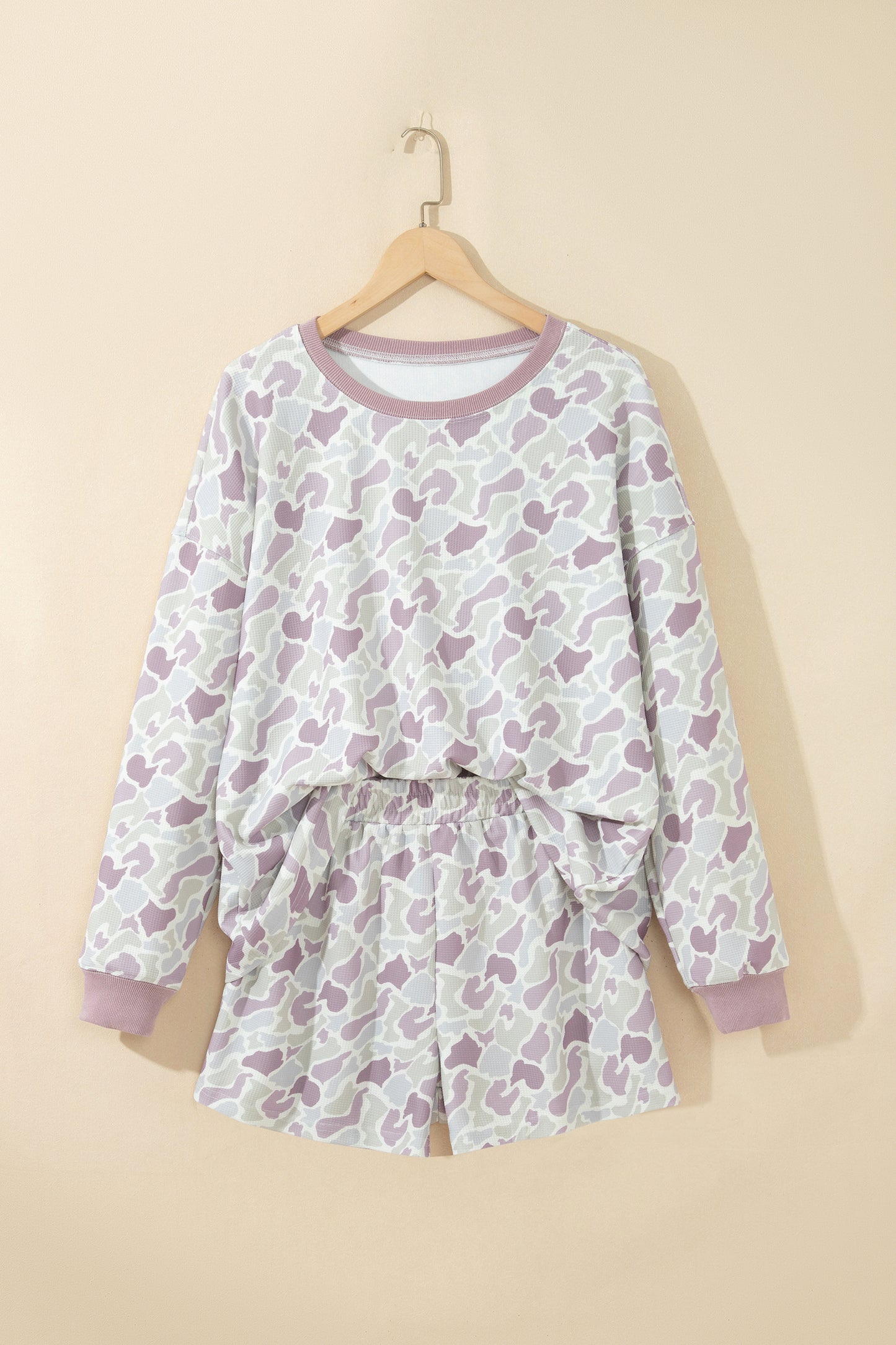 Green Camouflage Waffle Knit Long Sleeve Top Casual Shorts Set-Two Piece Sets/Short Sets-[Adult]-[Female]-2022 Online Blue Zone Planet
