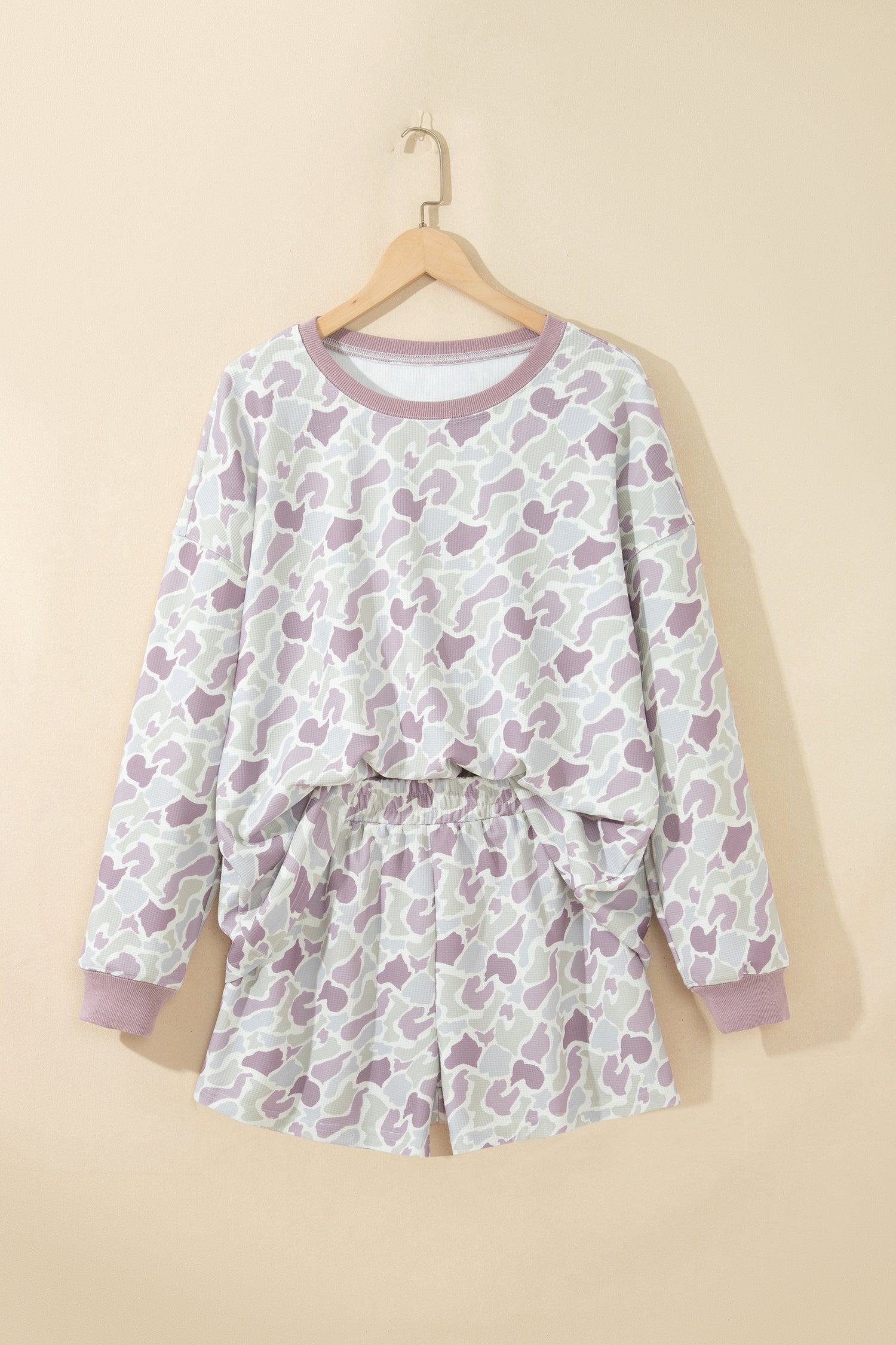 Green Camouflage Waffle Knit Long Sleeve Top Casual Shorts Set-Two Piece Sets/Short Sets-[Adult]-[Female]-2022 Online Blue Zone Planet