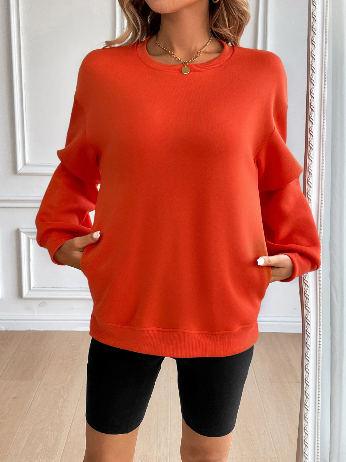 Ivy Lane Round Neck Long Sleeve Sweatshirt-TOPS / DRESSES-[Adult]-[Female]-Orange-S-2022 Online Blue Zone Planet