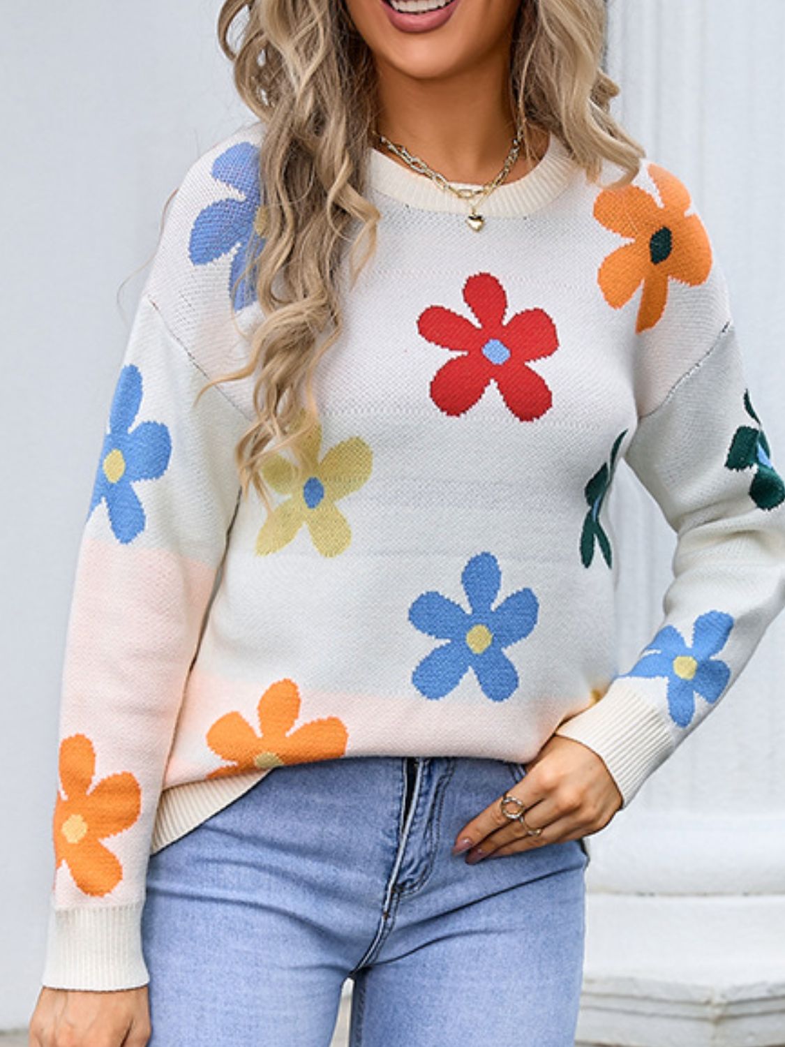 Flower Round Neck Long Sleeve Sweater-TOPS / DRESSES-[Adult]-[Female]-White-S-2022 Online Blue Zone Planet