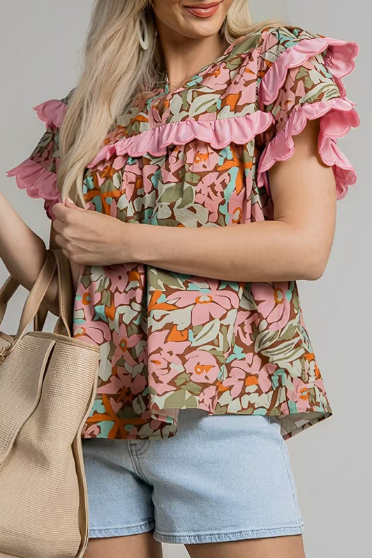 Multicolour Floral Tiered Ruffled Short Sleeve Blouse-Tops/Blouses & Shirts-[Adult]-[Female]-Multicolour-S-2022 Online Blue Zone Planet
